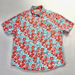 Ocean Pacific Shirt Mens XL Red Blue Floral Hawaiian Tropical Short Sleeve Slub